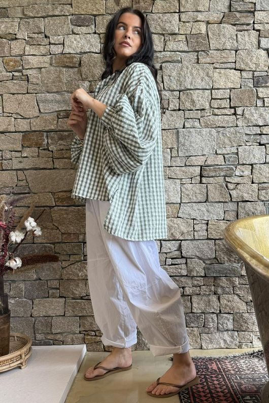 Ginny Gingham Balloon Sleeve Blouse Khaki